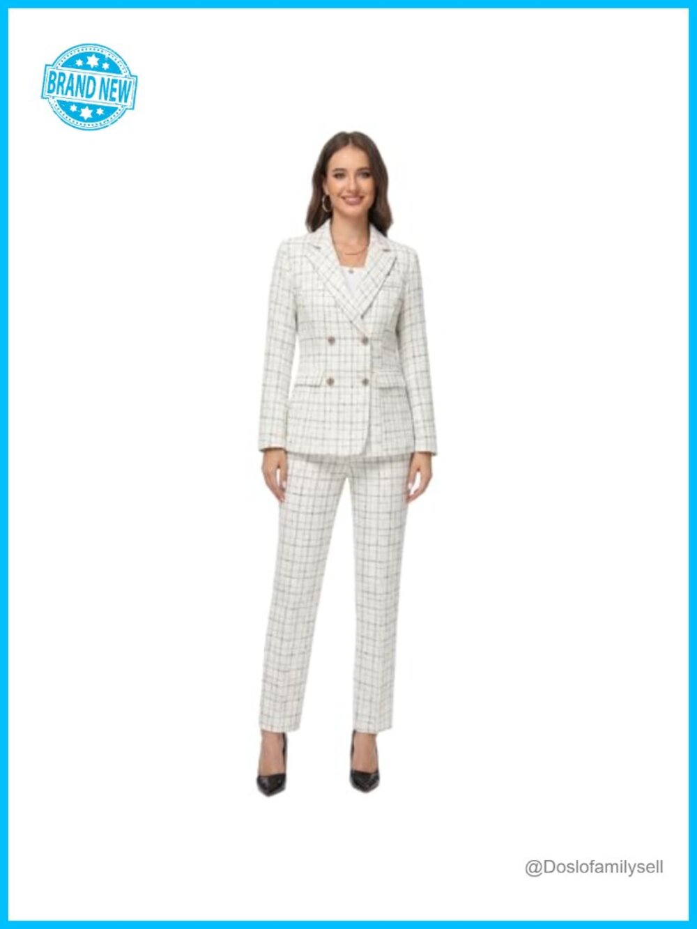 Women 2 Piece Tweed Suit Plaid Blazer Pants Set Double Breasted Pantsuit